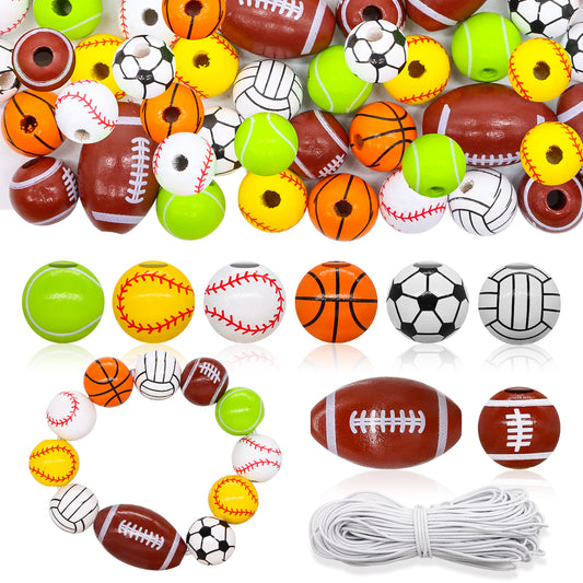 Sports Ball Wooden Beads, 64 Pieces Wooden Sports Beads with Baseball, Football, Basketball, Volleyball, Tennis, DIY Crafts Beads, Wooden Beads for Craft Decoration Pendants Bracelets