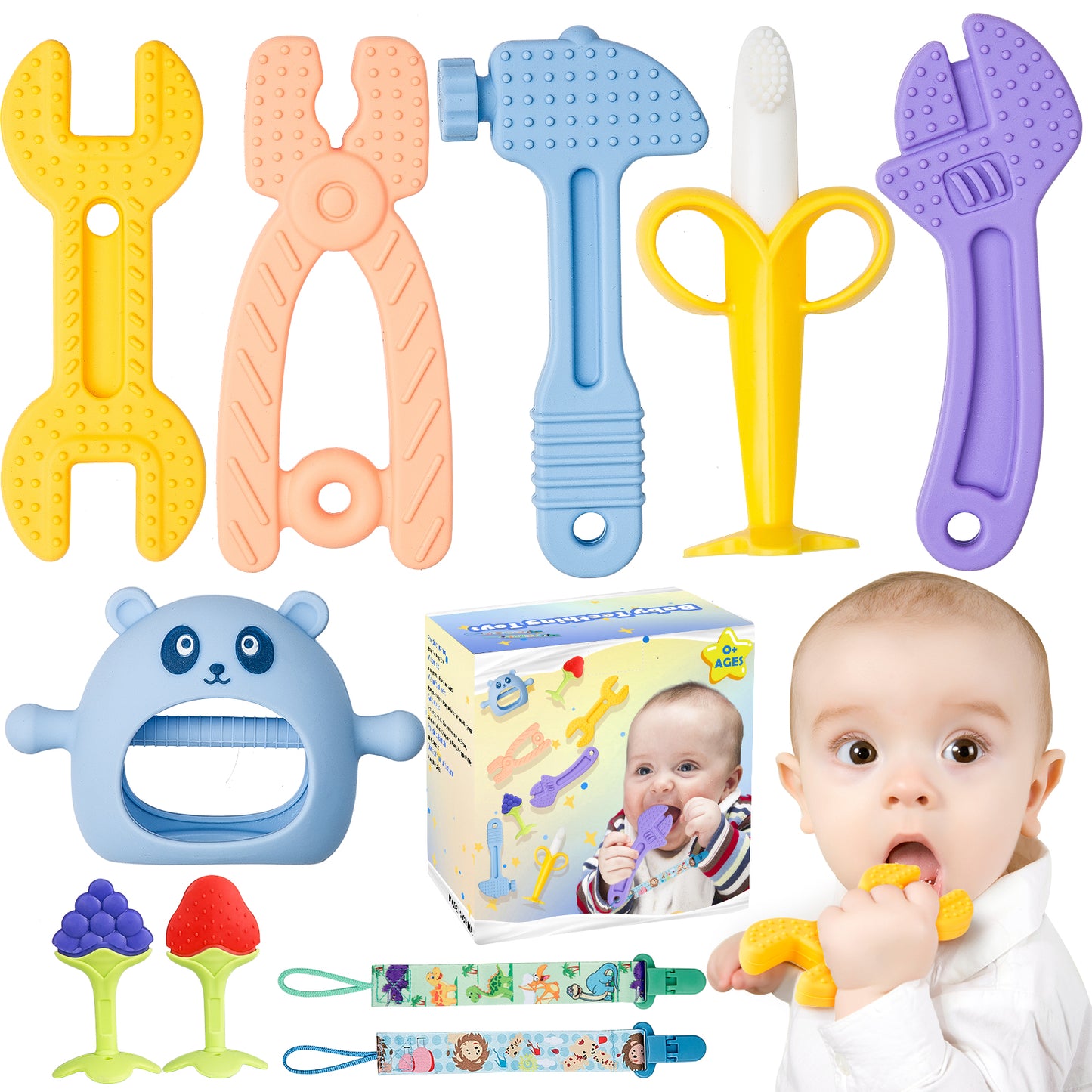 8 PC Baby Teething Toys, Baby Chew Toys Set for 3-6 Months & 6-12 Months, Food Grade Silicone, Teethers Set, Bear Teething Toy Hammer Wrench Spanner Pliers Tools Shape Fruit Shape Giraffe Teether Set